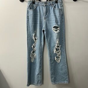 Shein Light Wash Distressed High Waisted Relaxed Fit Denim Jeans Large 8/10